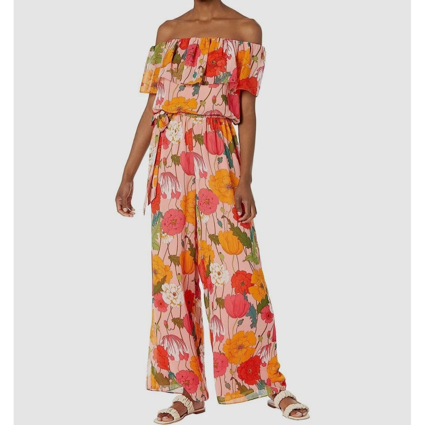 Trina Turk Feverish Off-Shoulder Pink Floral Print Jumpsuit Wide Leg Size 6